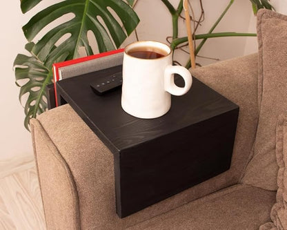 Wooden Couch Arm Tray – Sofa Armrest Table with Book & Magazine Holder, Perfect for Coffee & Remote Control, Solid Wood (Black)