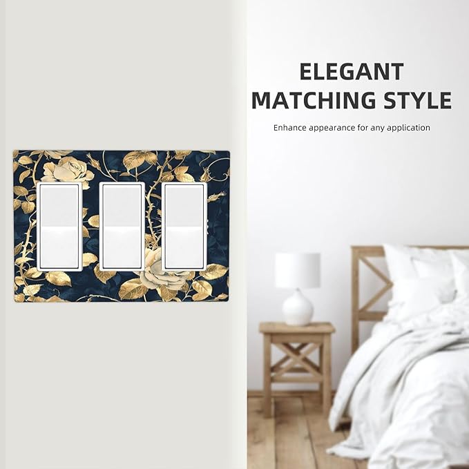 Light Switch Covers Boho Vintage Floral Golden Flower Dark Blue Background 3 Gang Rocker Electrical GFCI Decorative Triple Outlet Wall Plate Cover Switchplate for Bedroom living Room Decor