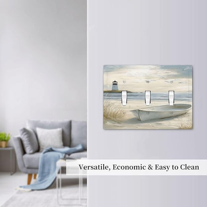 Decorative Light Switch Plate Covers Seascape Painting with Lighthouse Boats 3 Gang Artistic Wall Plate Unique Triple Toggle Light Switch Covers for Bedroom Home Decor