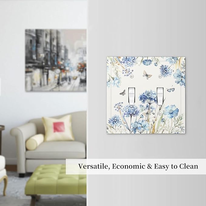Decorative Switch Plates Blue Floral Hydrangea Plants 2 Gang Double Toggle Wall Plate Outlet Light Switch Cover Electrical Faceplate for Bedroom Home Decor