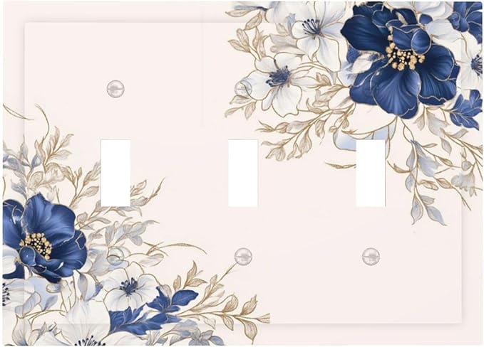 Decorative Light Switch Cover Plate Rustic Blue White Flowers Floral Penoy 3 Gang Wall Plate Oversized Triple Toggle Switch Cover Plate Jumbo Face Plate for Bedroom Decor