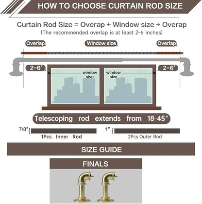 Brushed Gold Curtain Rods 18 to 45 in,Wraparound Curtain Rods,Adjustable Length,1 in Diameter Pipe,Wall or Ceiling Mounted,for Bedroom and Living Room (Brushed Gold 18” to 45”)