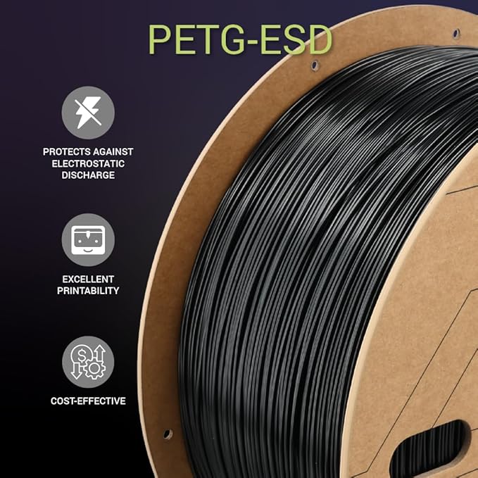 Polymaker Fiberon PETG-ESD Filament 1.75mm Black 3kg – Electrostatic Discharge Safe, Tough PETG 3D Printer Filament for Electronics Industry