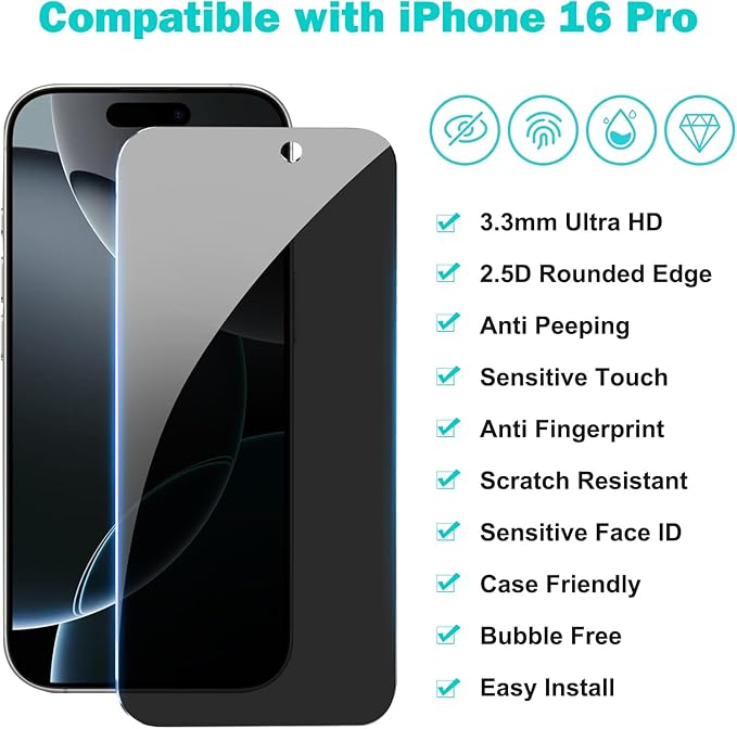 PEHAEL 3+3Pack for iPhone 16 Pro Privacy Screen Protector with Camera Lens Protector Full Coverage Anti-Spy Tempered Glass Film 9H Hardness Easy Installation Bubble Free [6.3 inch]