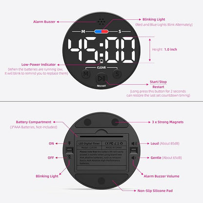 Visual Digital Timer for Kitchen, Classroom, Kids, Productivity, Magnetic Countdown Timer for Egg Cooking, Toddler, Focus, Work, Task, Small Desk Timer with Large LED Display, Super Loud Alarm - White
