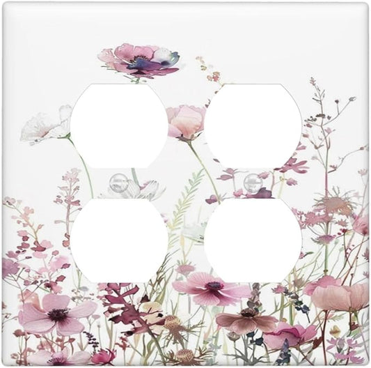 Floral Pink Watercolor Wildflowers Plant Flower Outlet Covers 2 Gang Double Duplex Decorative Light Switch Covers Electrical Wallplates Socket Faceplate for Bedroom Living Room Decor