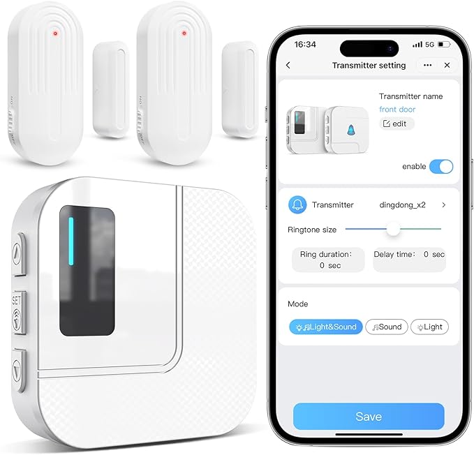 Door Chime,Sanjie WiFi Door Sensor Open Chime When Entering for Business/Home/Store/Office Alert Your Phone,Alarms for Kids Safety,500 FT Range,20 Ringtones,2 Sensors 1 Receiver