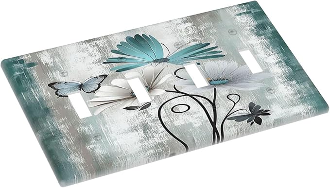 Light Switch Covers Rustic Teal Daisy Floral Flowers Butterfly Wood Grain Quad Toggle Electrical Faceplate 4 Gang Wall Plate Decorative Switch Plates for Bathroom Bedroom Decor
