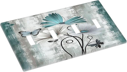 Light Switch Covers Rustic Teal Daisy Floral Flowers Butterfly Wood Grain Quad Toggle Electrical Faceplate 4 Gang Wall Plate Decorative Switch Plates for Bathroom Bedroom Decor
