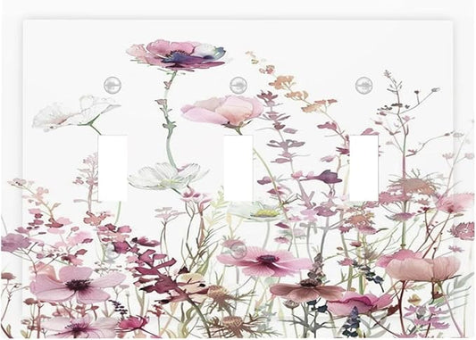 Floral Pink Watercolor Wildflowers Plant Flower Decorative Switch Plates 3 Gang Wall Plate Triple Toggle Light Switch Cover Faceplate Electrical Wall Panels for Bedroom Living Room Decor