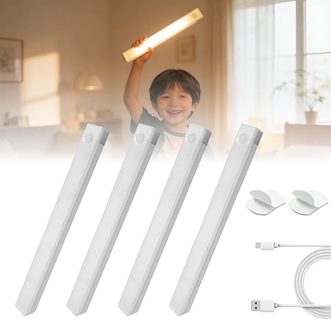 Punch-Free Smart Sensor Magnetic Rechargeable Led Lights, Rechargeable Motion Sensor Lights, Motion Sensor Light Indoor, for Wardrobes Kitchens Closets and Studios (4Set(2White+2Warm),20cm/7.87in)