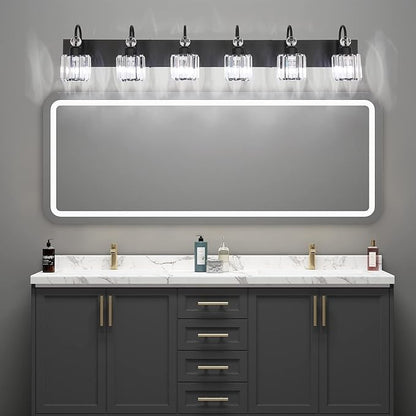 Ralbay Modern 6-Light Black Crystal Vanity Lights for Bathroom - Matte Black Crystal Wall Light Fixtures