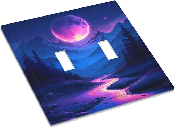 Purple Cyberpunk River Full Moon Mountain Forest Decorative Switch Plates 2 Gang Double Toggle Outlet Light Switch Cover Wall Plate Electrical Faceplate for Bedroom Bathroom Decor