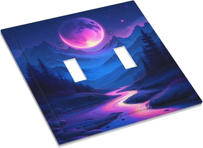 Purple Cyberpunk River Full Moon Mountain Forest Decorative Switch Plates 2 Gang Double Toggle Outlet Light Switch Cover Wall Plate Electrical Faceplate for Bedroom Bathroom Decor