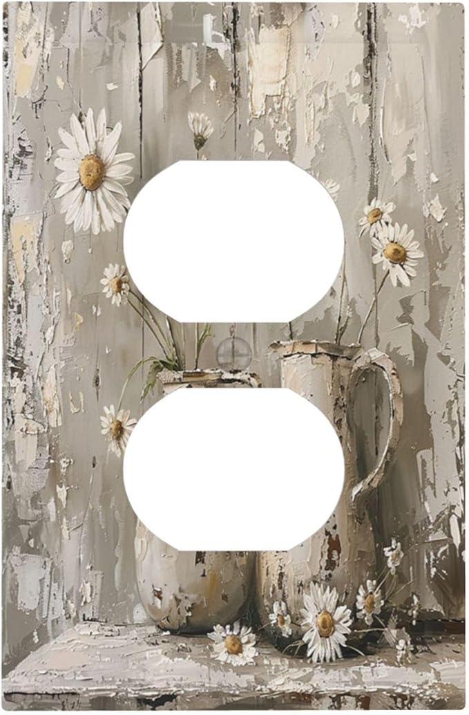 Outlet Covers Vintage Rustic Floral White Daisy Flower Oil Painting Style 1 Gang Duplex Wall Plate Decorative Switch Plates Electrical Receptacle Faceplate Light Switch Cover for Home