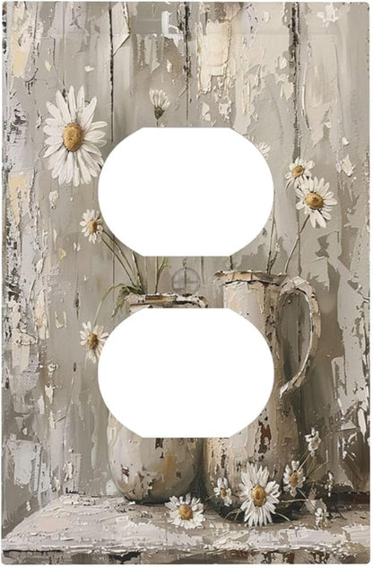 Outlet Covers Vintage Rustic Floral White Daisy Flower Oil Painting Style 1 Gang Duplex Wall Plate Decorative Switch Plates Electrical Receptacle Faceplate Light Switch Cover for Home