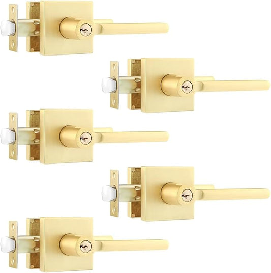 Leydebong 5 Pack Entrance Lever Door Handle [Lock with Three Keys] for Office or Front Door with a Satin Brass Finish, Reversible for Right & Left Side, Entry Lever