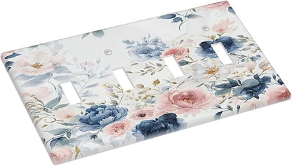 Light Switch Cover Plate Elegant Watercolor Pink Blue Flowers Floral Quad Toggle Wall Plates Decorative Switch Plates 4 Gang Outlet Covers Electrical Panel Cover Faceplate for Home Decor 4.5 X 8 IN