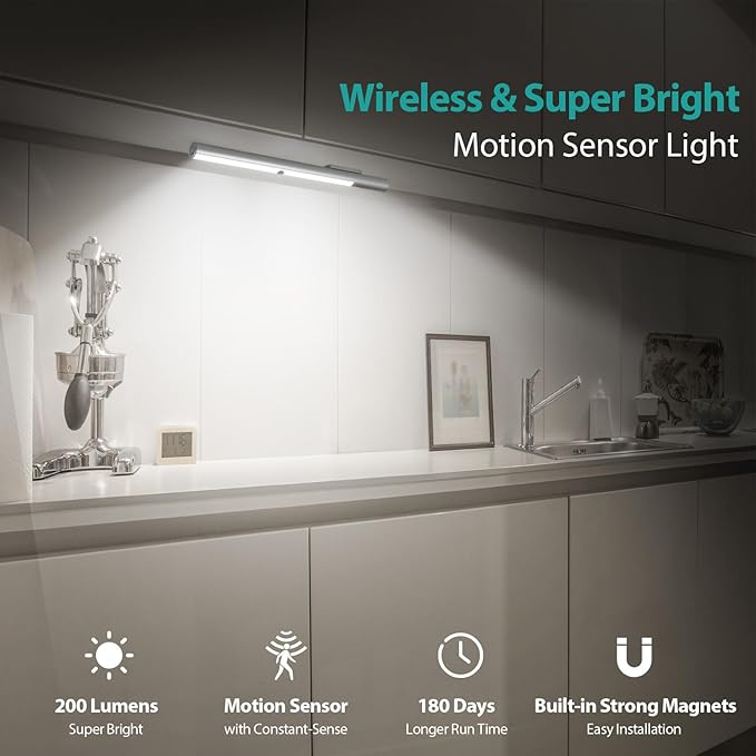 Under Cabinet Lights Motion Sensor Light Indoor, Battery Powered LED Lights, 4500mAh USB C Rechargeable Under Cabinet Lighting Wireless, 6000K Cool White, 180 Days Battery Time (2 Pack)