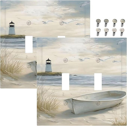 Decorative Light Switch Plate Covers Seascape Painting with Lighthouse Boats 2 Gang Wall Plate Unique Double Toggle Double Light Switch Covers for Bedroom Home Decor （2 Pack）