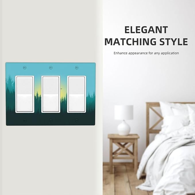 Green Forests And Birds Sun Woodland Light Switch Covers 3 Gang Rocker Decorative Triple Outlet Wall Plate Cover Electrical GFCI Switchplate for Bedroom Bathroom Decor