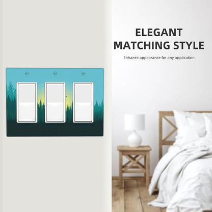 Green Forests And Birds Sun Woodland Light Switch Covers 3 Gang Rocker Decorative Triple Outlet Wall Plate Cover Electrical GFCI Switchplate for Bedroom Bathroom Decor