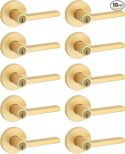 Kwikset Halifax Entry Door Handle with Lock and Key, Secure Keyed Reversible Lever Exterior, for Front Entrance and Bedrooms, Satin Brass, 10 Pack, Pick Resistant SmartKey Rekey Security