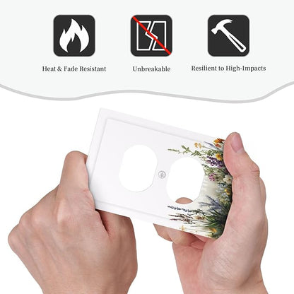 Outlet Covers White Background Colorful Flowers Plants Green Leaves 1 Gang Duplex Light Switch Cover Plate Decorative Switch Plate Covers Electrical Socket Cover for Bedroom Home Decor