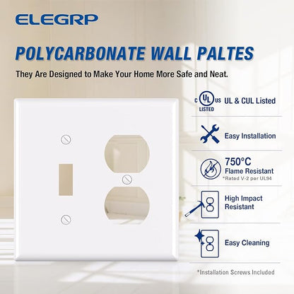 Combination Wall Plate ELEGRP 1-Toggle Light Switch 1-Duplex Receptacle Outlet Combination Wall Plate Cover, Mid-Size 4.88" x 4.94" Unbreakable Thermoplastic Faceplate Cover, UL Listed (2 Pack, white)