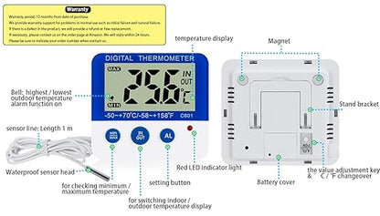 Fridge Freezer Thermometer Max/Min Memory High & Low Temperature Alarms Settings with LED Indicator Digital Refrigeration Thermometer with Magnetic,Stander 2 Pack