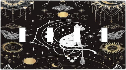 White Cat Tarot Moon Phases Moth Celestial Gothic Light Switch Covers Quad Toggle Electrical Faceplate 4 Gang Wall Plate Decorative Switch Plates Cover for Kids Room Bedroom Decor