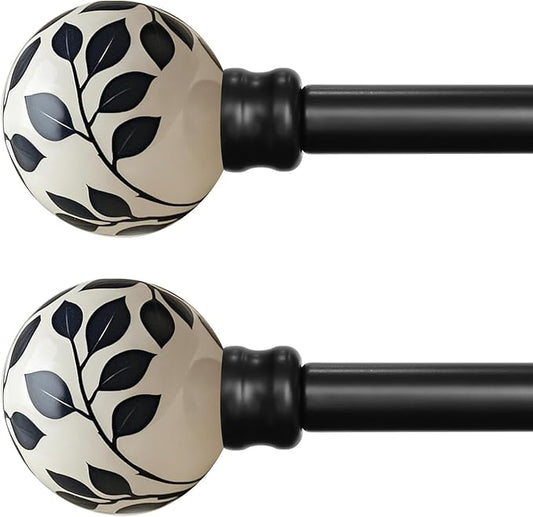 Ceramic Black Curtain Rods Set of 2 for Windows 66 to 120 Inches Adjustable Length Heavy Duty White Window Curtain Rod with Modern Leaf Pattern Decorative Finials for Bedroom Kitchen Living Room
