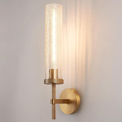 19.5" Knurled Brass Wall Sconce with Crackle Glass Tube, Gold Bathroom Vanity Light Fixtures, Modern Lamp Lighting for Bedroom, Living Room, Hallway, Staircase, Mirror, Kitchen