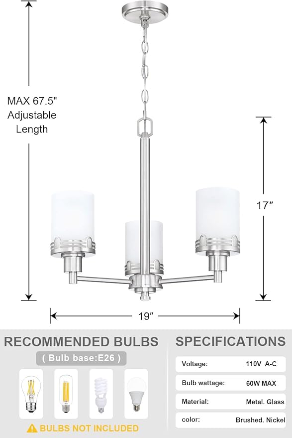 Doraimi Lighting 3 Light Fashion Kitchen Island Frosted Glass Shade+Hollow Metal Shade Chandelier Light Fixture,Brushed Nickel Finish Dining Room Living Room Corridor Bedroom