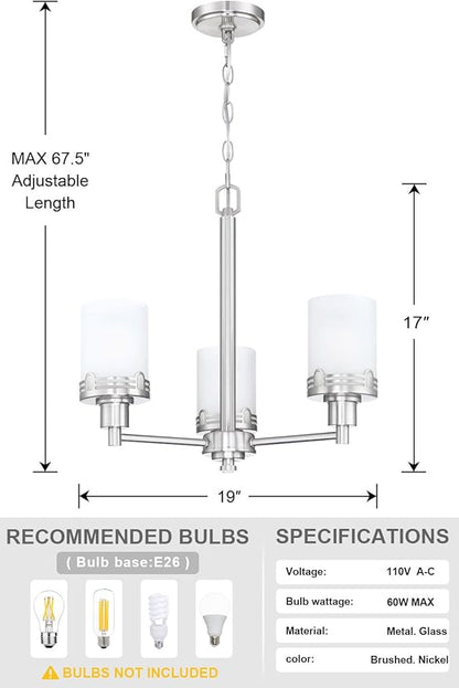 Doraimi Lighting 3 Light Fashion Kitchen Island Frosted Glass Shade+Hollow Metal Shade Chandelier Light Fixture,Brushed Nickel Finish Dining Room Living Room Corridor Bedroom