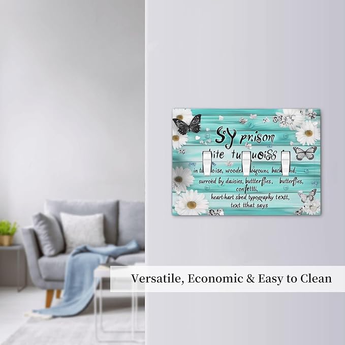 Teal Butterfly Daisy Rustic Wooden Signs Decorative Switch Plates 3 Gang Wall Plate Triple Toggle Light Switch Cover Faceplate Electrical Wall Panels For Farmhouse Cabin Decor