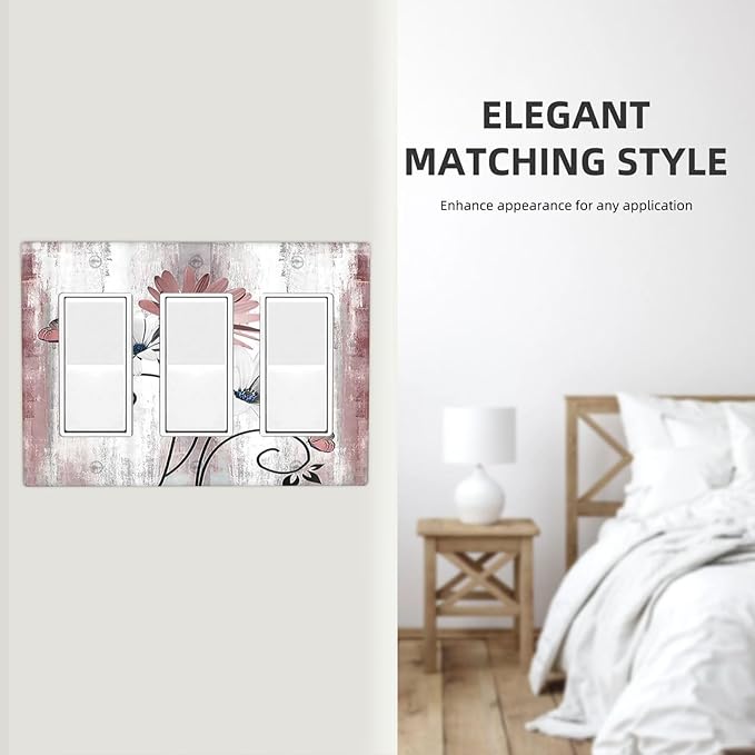 Light Switch Covers Pink White Daisy Butterfly Wood Grain 3 Gang Rocker Electrical GFCI Decorative Triple Outlet Wall Plate Cover Switchplate for Farmhouse Bathroom Decor
