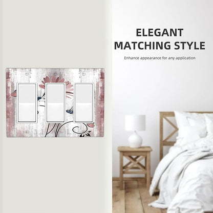 Light Switch Covers Pink White Daisy Butterfly Wood Grain 3 Gang Rocker Electrical GFCI Decorative Triple Outlet Wall Plate Cover Switchplate for Farmhouse Bathroom Decor