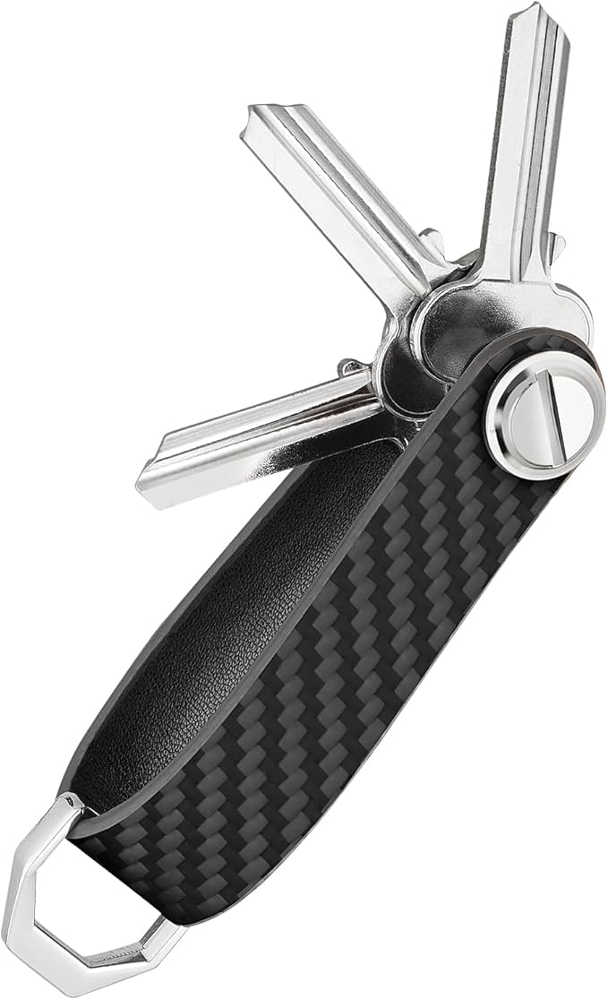 T-carbon Key Organizer, Carbon Fiber Leather Compact Key Holder, Silent Keychain, Expandable Key Case Holds Up to 8 Keys