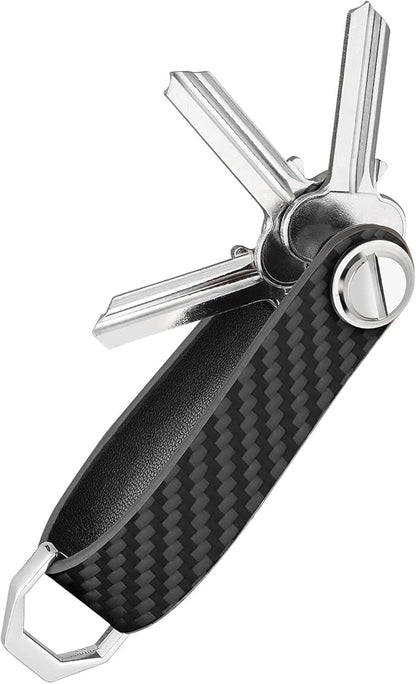 T-carbon Key Organizer, Carbon Fiber Leather Compact Key Holder, Silent Keychain, Expandable Key Case Holds Up to 8 Keys