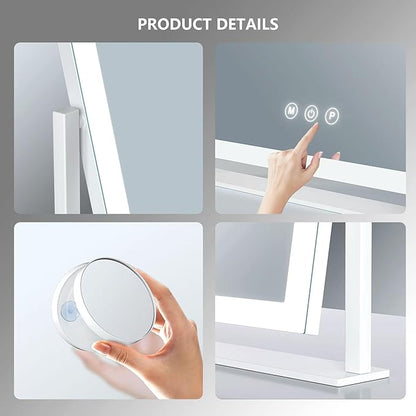 Lighted Makeup Mirror, 17.3"x13" Hollywood Vanity Mirror with Lights, Three Color Lighting Modes, and 5X Magnification Mirror, Smart Touch Control, 360°Rotation (Gold, Gift Box)