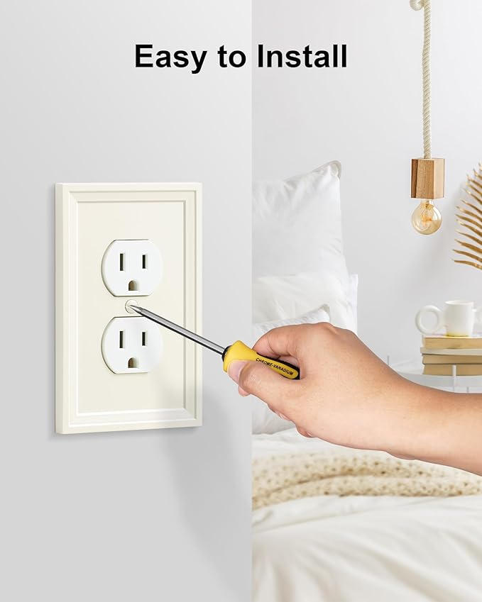 6-Pack Duplex Outlet Cover, Natural Bamboo Fiber Switch Plates and Outlet Covers, Light Almond Decorative Wall Plates for Electrical Outlets, 1 Gang Receptacle Cover, Corrosion Resistant