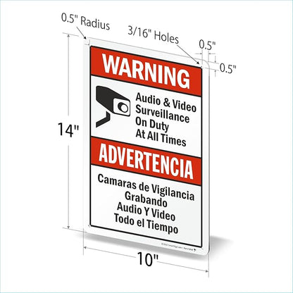 SmartSign 14 x 10 inch “Warning - Audio & Video Surveillance On Duty At All Times” Bilingual Sign, Digitally Printed, 55 mil HDPE Plastic, Red, Black and White, Made in USA