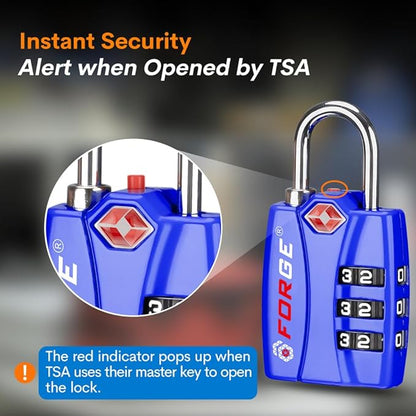 Forge TSA Luggage Combination Lock - Open Alert Indicator, Easy Read Dials, Alloy Body- Ideal for Travel, Lockers, Bags (Blue 4Pk)