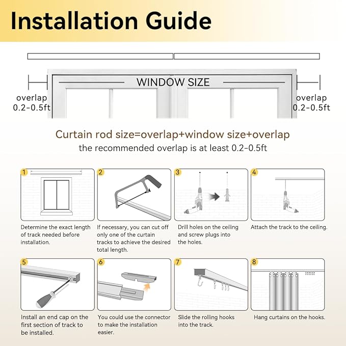Curtain Track, Ceiling Curtain Track for Room Divider, Ceiling Mount Rail Set with Roller Hooks, Black, 12ft - 18ft