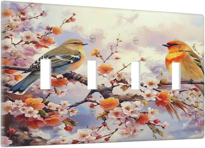 Birds Sitting on Flowers Tree Branch Light Switch Covers Quad Toggle 4 Gang Wall Plate Decorative Switch plate Electrical Faceplate for Farmhouse Living Decor