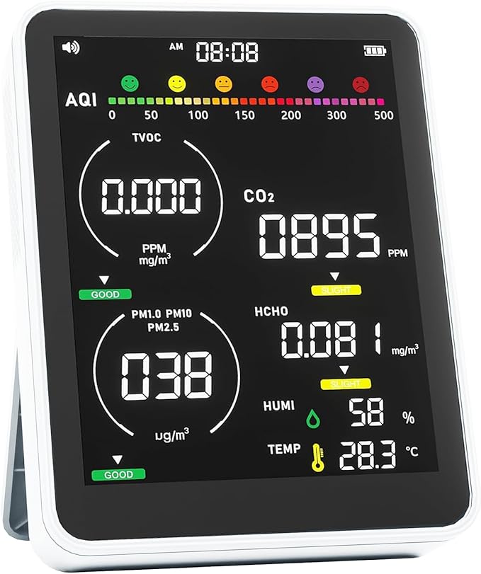 Air Quality Monitor Indoor,13-in-1 Smart Air Quality Tester with PM 2.5, CO2, TVOC, HCHO, PM1, AQI, PM10, Temperature & Humidity, Real Time Display, Battery Powered, for Home & Office (Ice White)