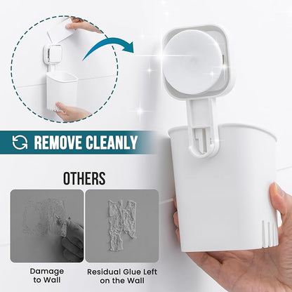 TAILI 2 Pack Suction Toothbrush Holder for Shower Wall, No Nail, No Glue! Self-draining Shower Cup for Toothpaste, Toothbrush, Kitchen Tableware, Strong Suction Cup Razor Holders for Bathroom, White