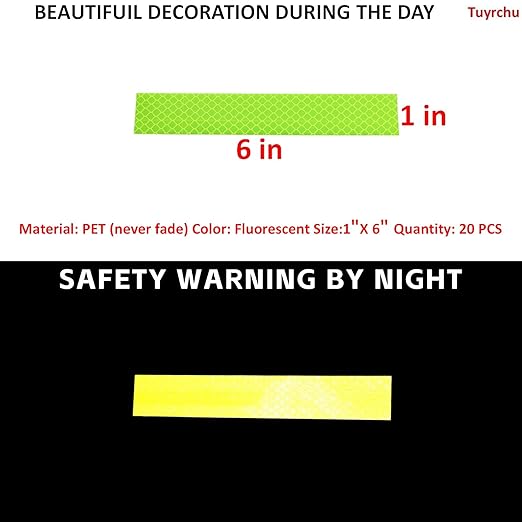 Non Fading Fluorescent Yellow Reflective Stickers 1 inch X 6 inch, Outdoor Waterproof High Visibility Safety Adhesive Reflector (20 Pcs)