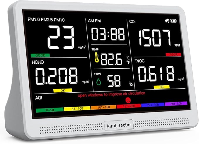 Professional Indoor Air Quality Monitor with 7X AQI Beep Alarms,16 in 1 Portable Real-Time Detector for PM2.5 | PM10 | CO2 | TVOC | HCHO | Temp | Hum for Home Cars Plants Pets